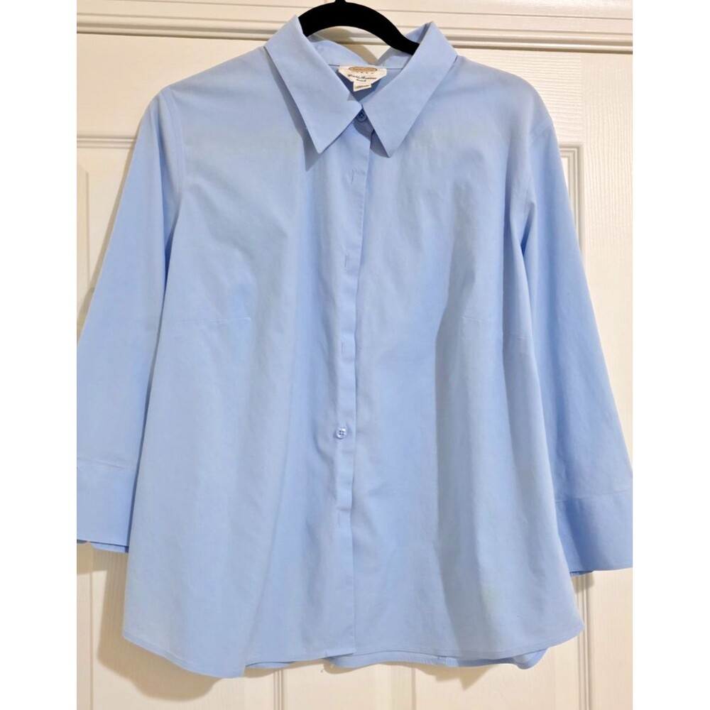 Talbots Plus Size 14W Wrinkle Resistant Button Up Shirt Blue Stretch Career Work